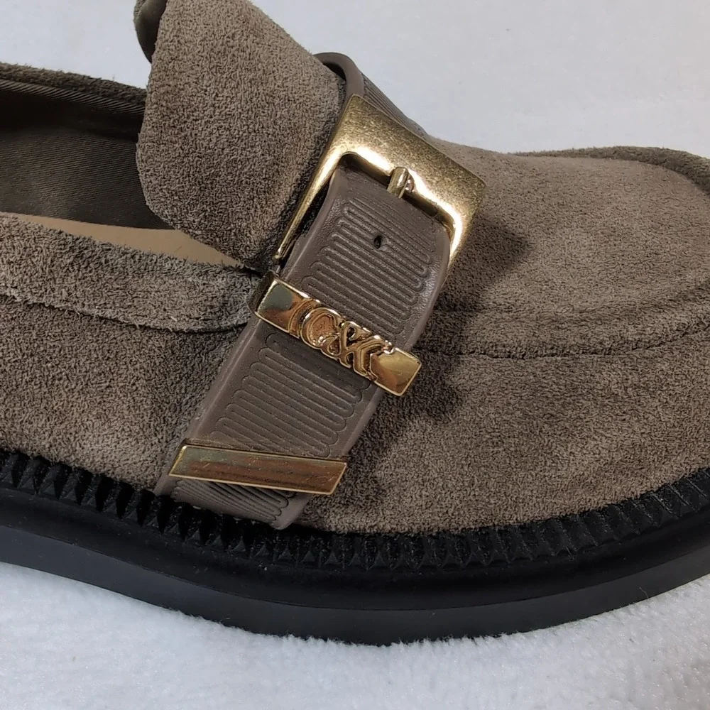 Charles & Keith Loafers Women Taupe Suede Gold Buckle Lug Sole Chunky Platform - Picture 3 of 13